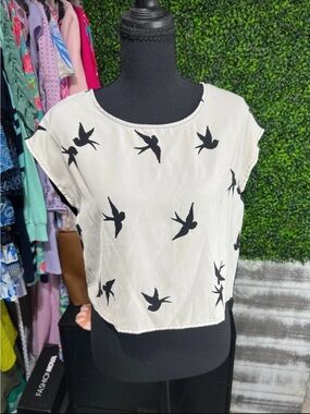 Divided Cream Crop Top with Black Bird Print